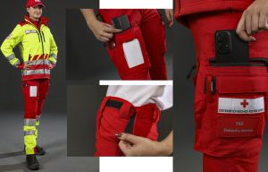 Hose rot/gelb mit Blocktasche>